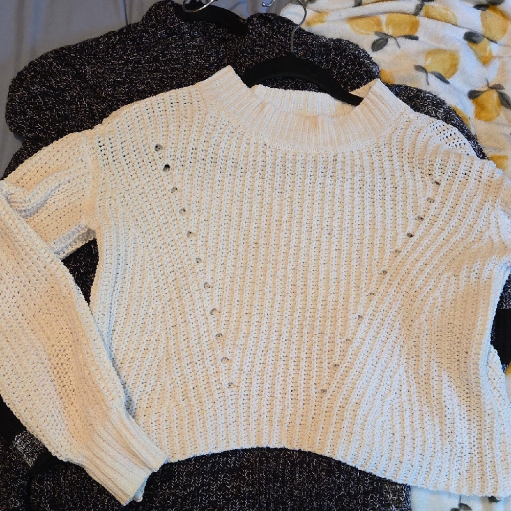 cropped white chenille knit sweater